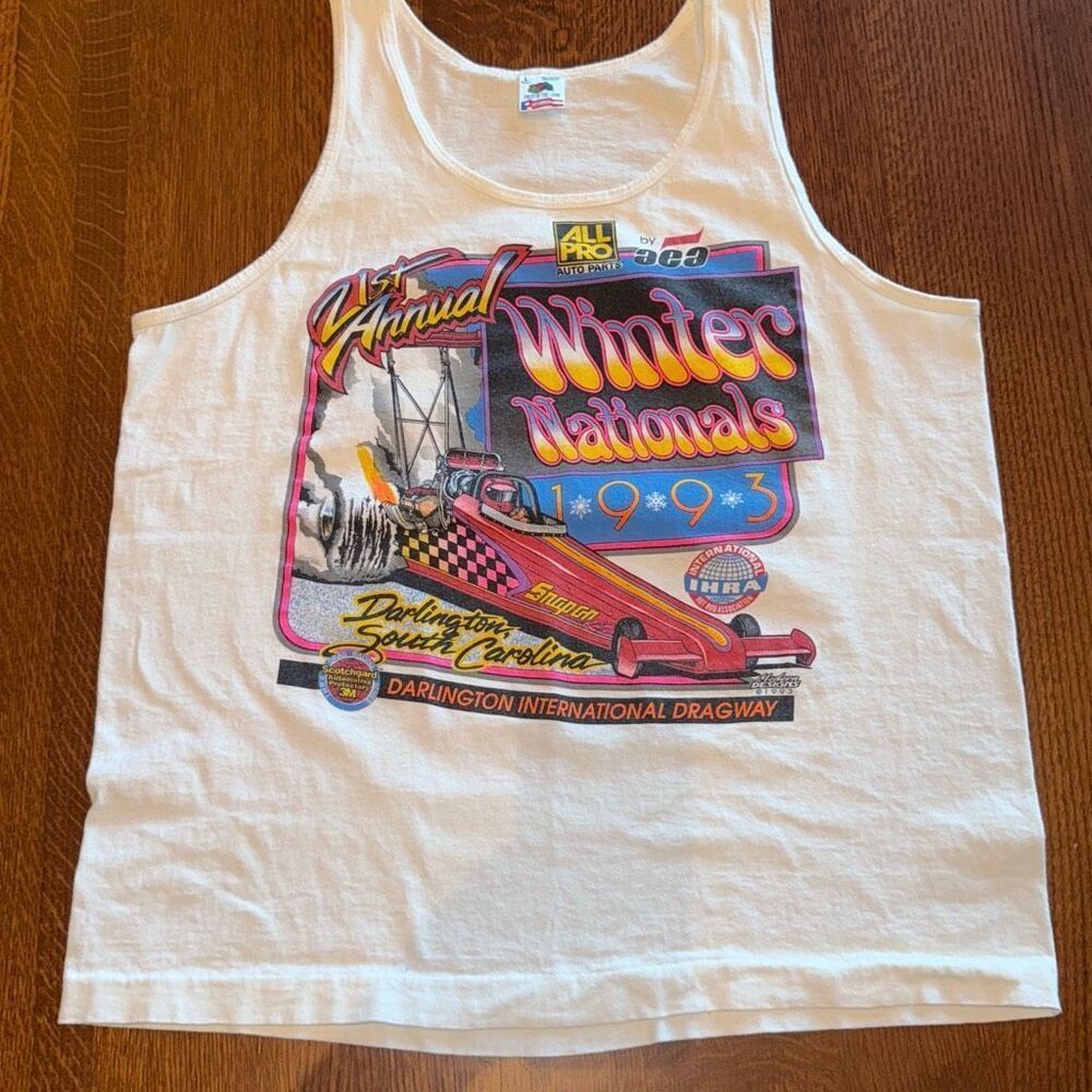 Vintage 1993 White Graphic Drag Racing Tank Top Men’s Large‎